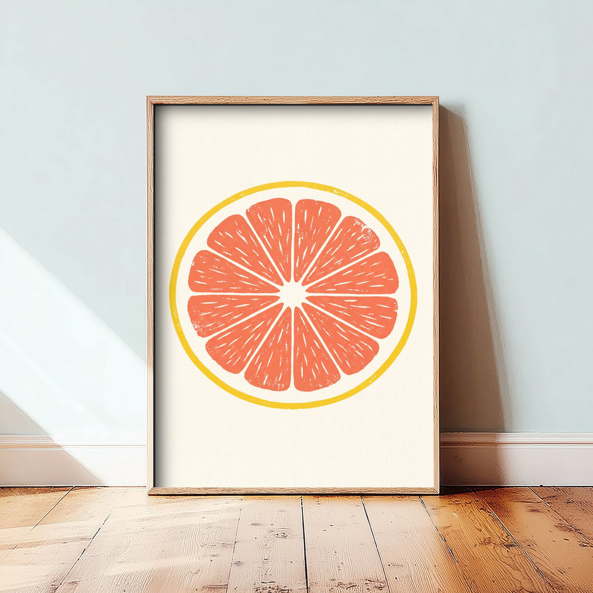 Grapefruit Slice Art Print - Pink Citrus Fruit Kitchen Poster - Modern Block Print Style Woodcut