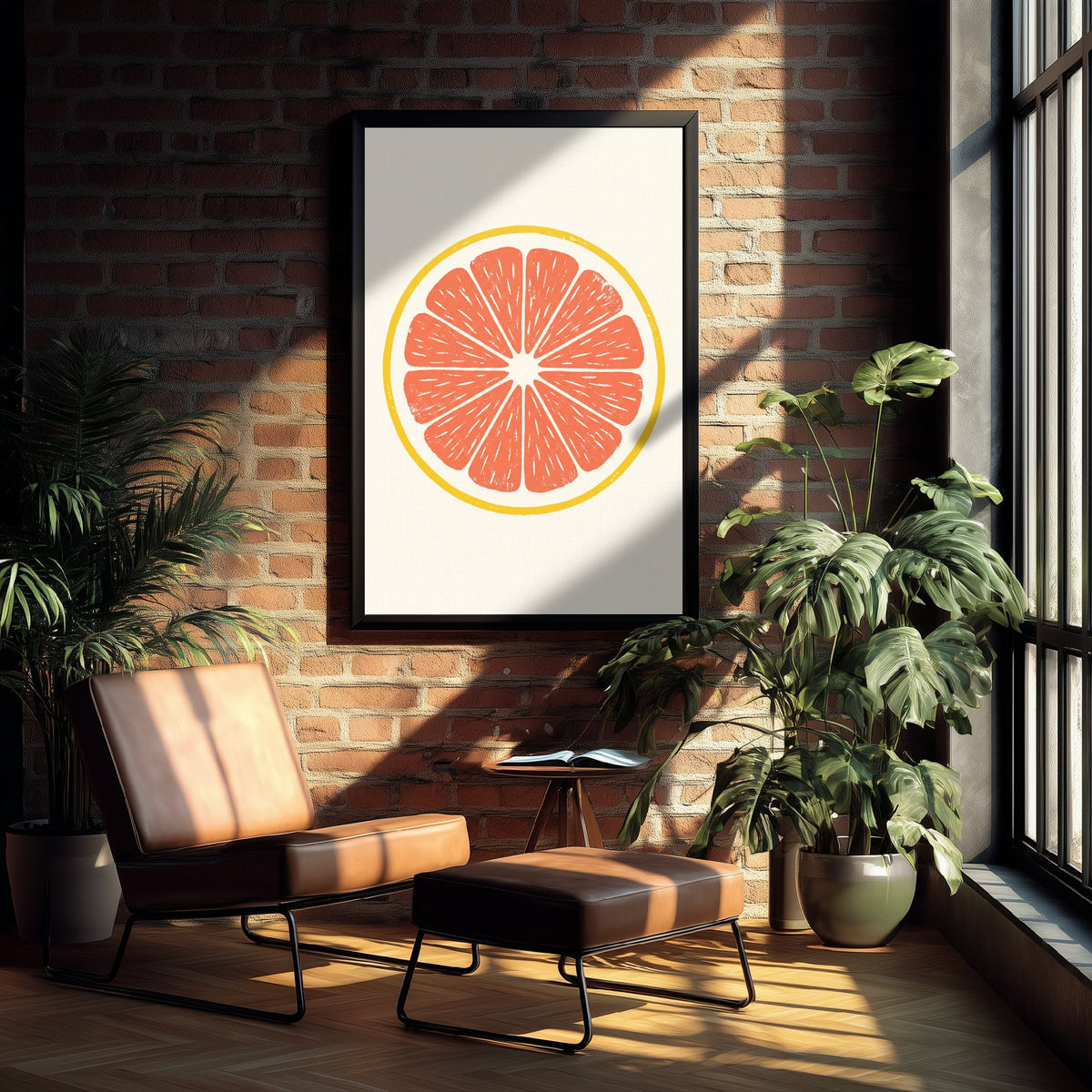 Grapefruit Slice Art Print - Pink Citrus Fruit Kitchen Poster - Modern Block Print Style Woodcut
