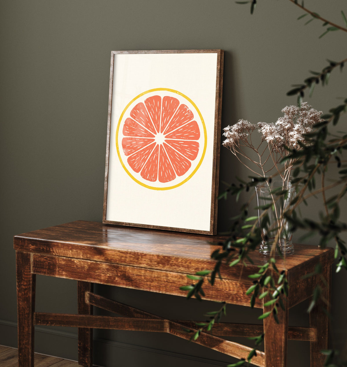 Grapefruit Slice Art Print - Pink Citrus Fruit Kitchen Poster - Modern Block Print Style Woodcut