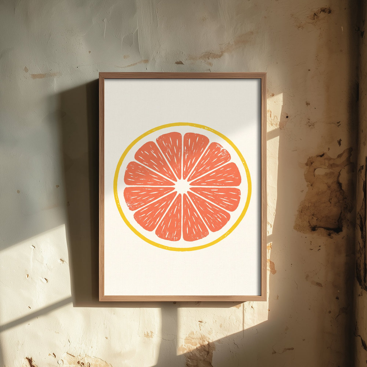 Grapefruit Slice Art Print - Pink Citrus Fruit Kitchen Poster - Modern Block Print Style Woodcut