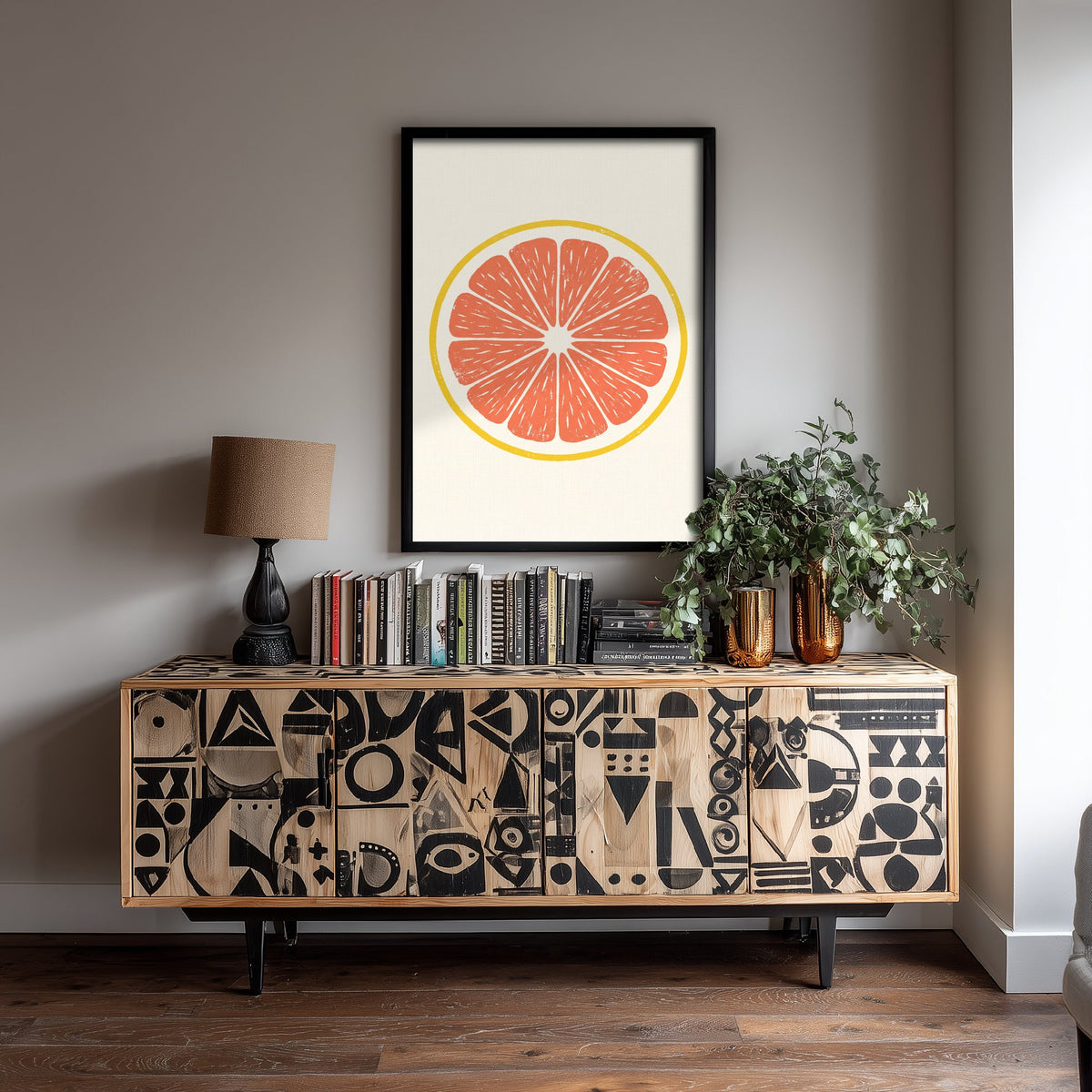 Grapefruit Slice Art Print - Pink Citrus Fruit Kitchen Poster - Modern Block Print Style Woodcut