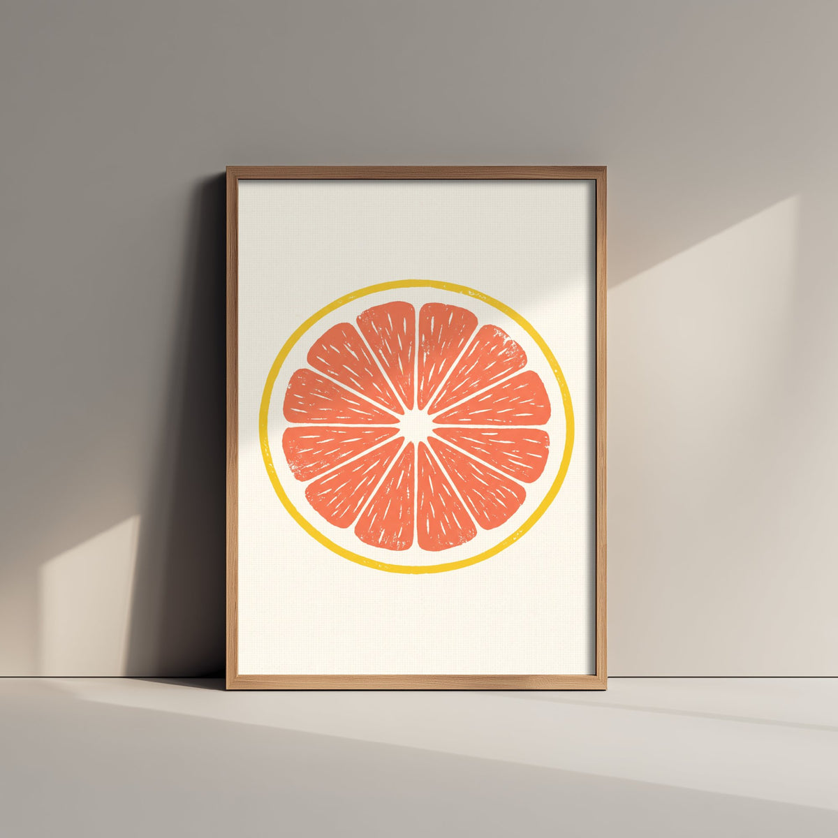 Grapefruit Slice Art Print - Pink Citrus Fruit Kitchen Poster - Modern Block Print Style Woodcut