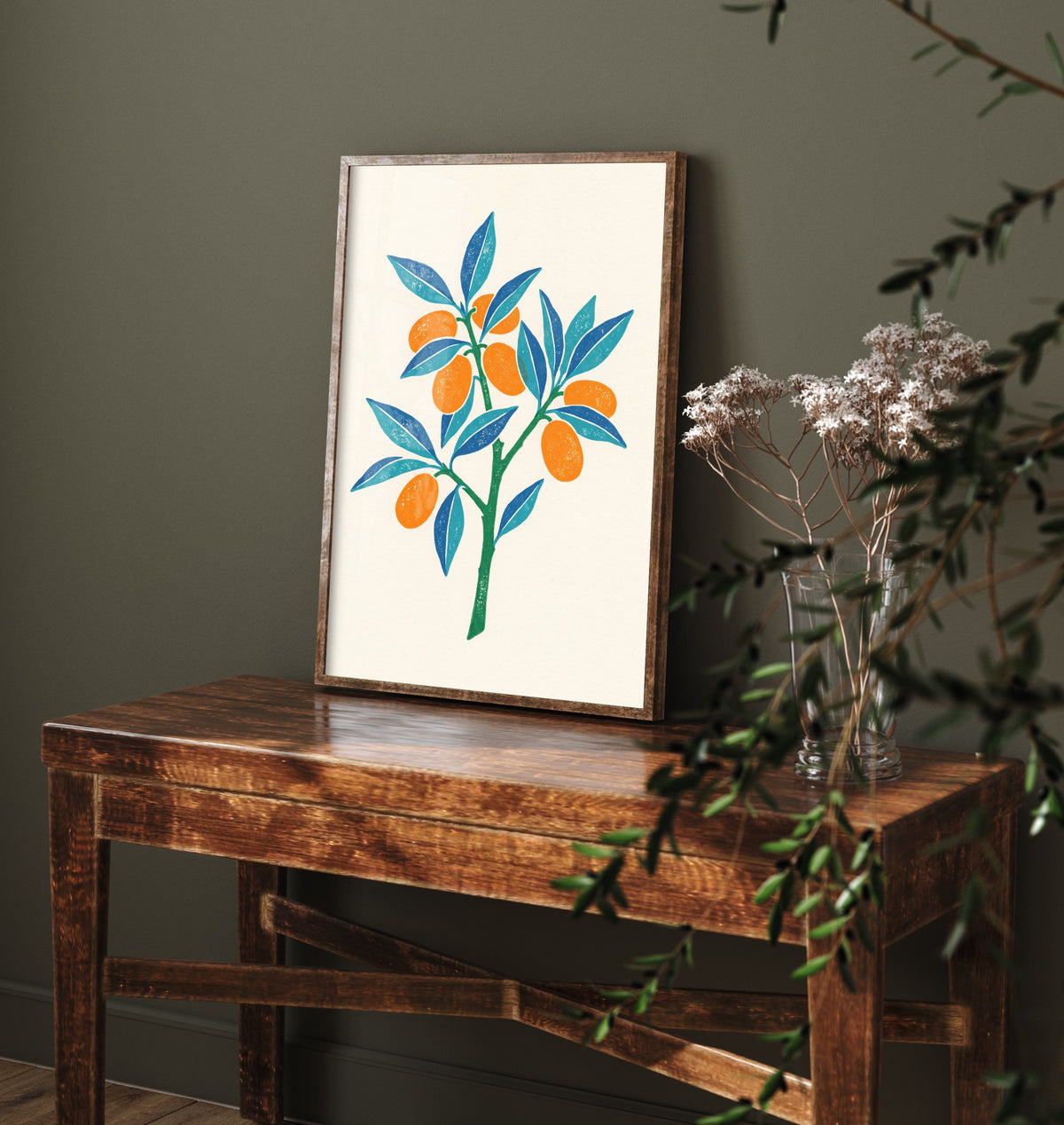 Kumquat Branch Art Print - Citrus Fruit Kitchen Poster - Modern Block Print Style Woodcut