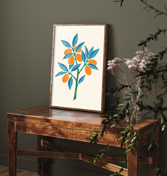 Kumquat Branch Art Print - Citrus Fruit Kitchen Poster - Modern Block Print Style Woodcut