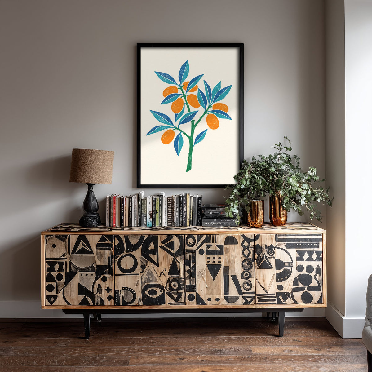 Kumquat Branch Art Print - Citrus Fruit Kitchen Poster - Modern Block Print Style Woodcut