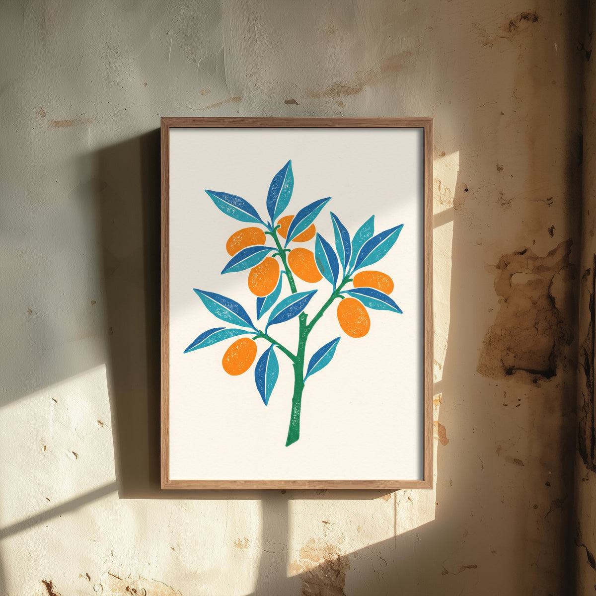 Kumquat Branch Art Print - Citrus Fruit Kitchen Poster - Modern Block Print Style Woodcut