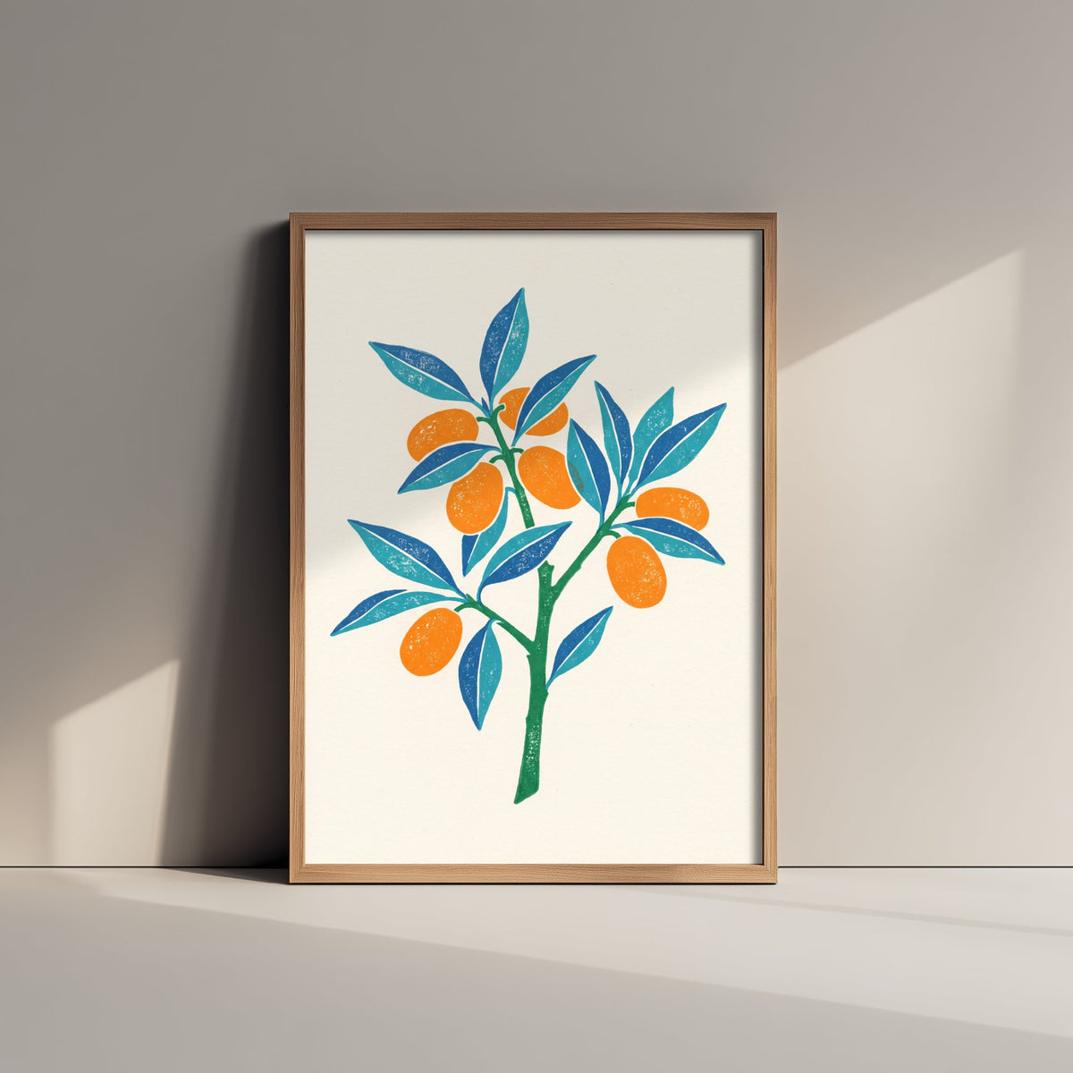 Kumquat Branch Art Print - Citrus Fruit Kitchen Poster - Modern Block Print Style Woodcut