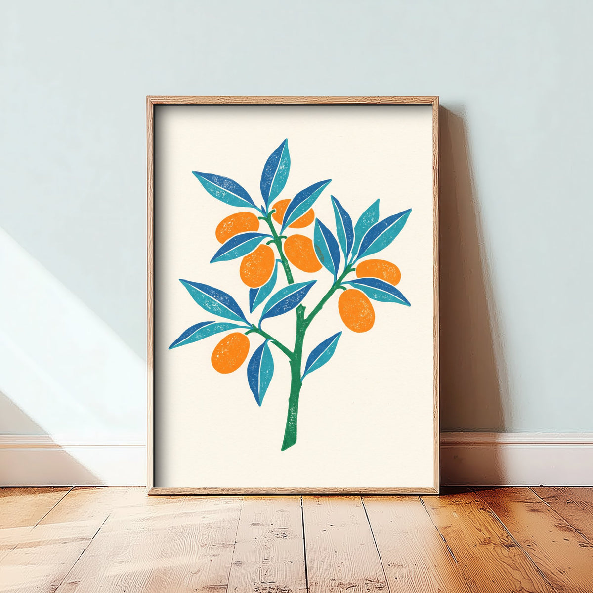 Kumquat Branch Art Print - Citrus Fruit Kitchen Poster - Modern Block Print Style Woodcut