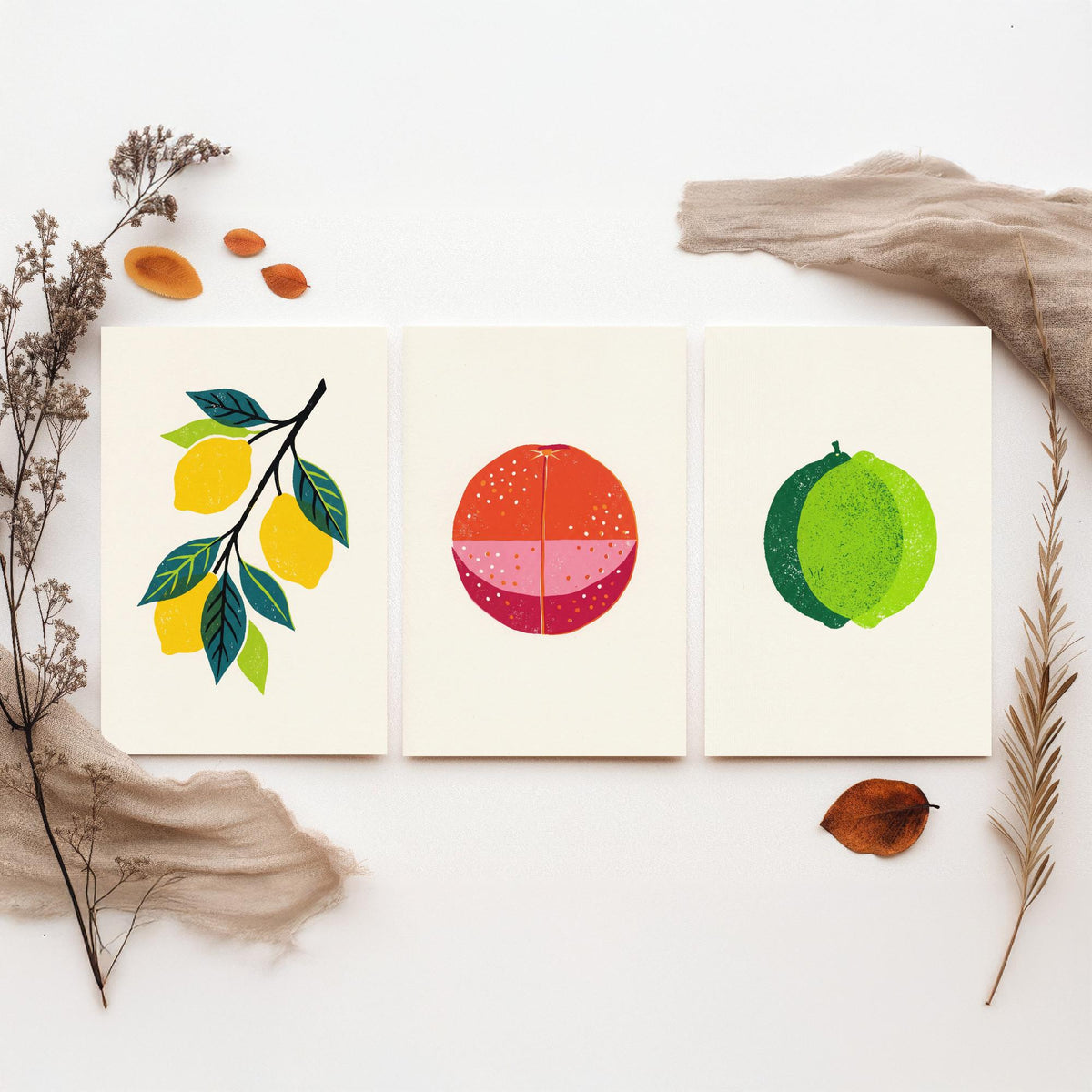 Clean Press Lemon Blood Orange Lime Set of Three Art Prints - Citrus Fruit Kitchen Wall Decor - Bold Woodcut Style Poster V1