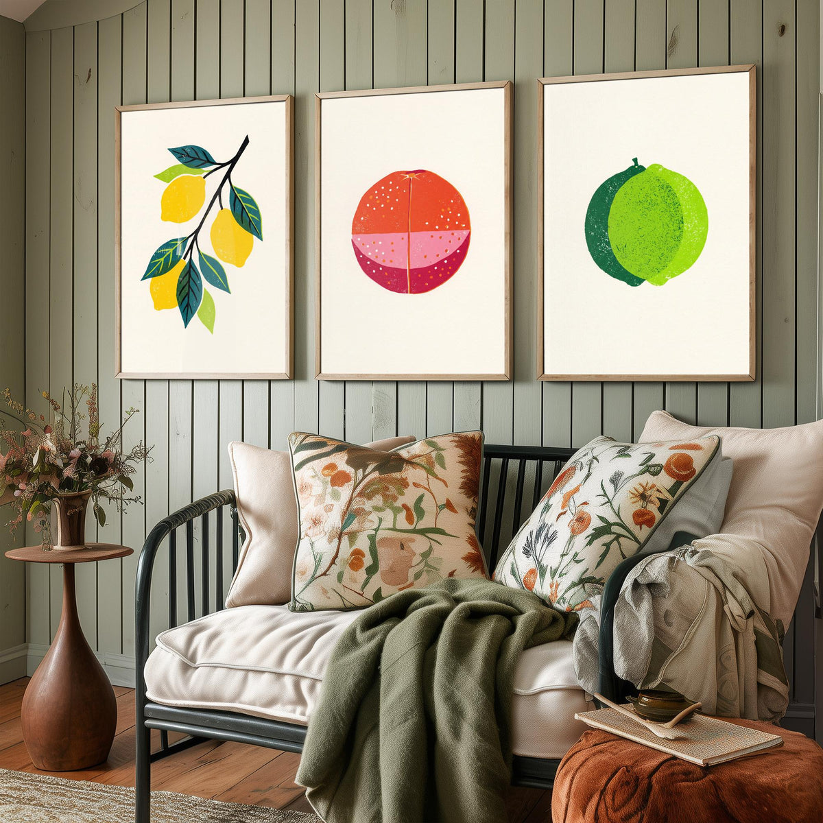 Clean Press Lemon Blood Orange Lime Set of Three Art Prints - Citrus Fruit Kitchen Wall Decor - Bold Woodcut Style Poster V1