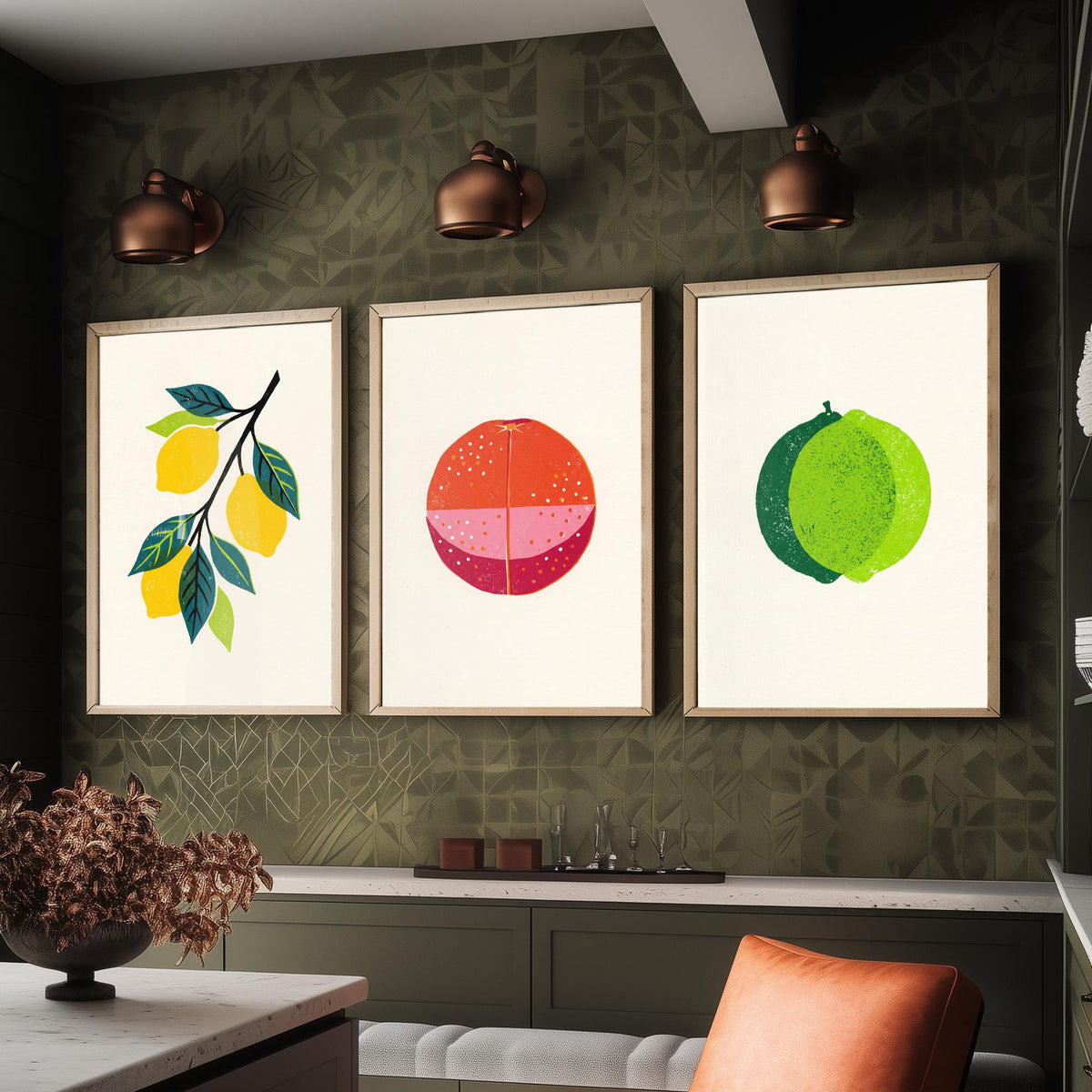 Clean Press Lemon Blood Orange Lime Set of Three Art Prints - Citrus Fruit Kitchen Wall Decor - Bold Woodcut Style Poster V1