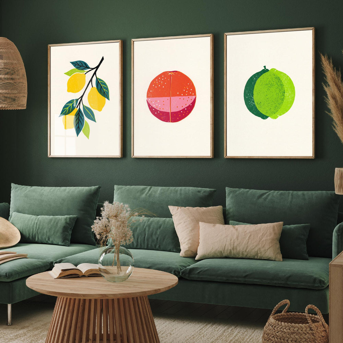 Clean Press Lemon Blood Orange Lime Set of Three Art Prints - Citrus Fruit Kitchen Wall Decor - Bold Woodcut Style Poster V1