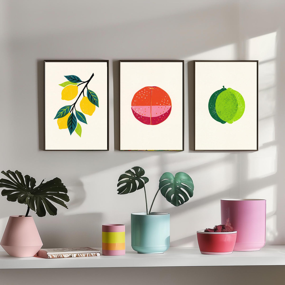 Clean Press Lemon Blood Orange Lime Set of Three Art Prints - Citrus Fruit Kitchen Wall Decor - Bold Woodcut Style Poster V1