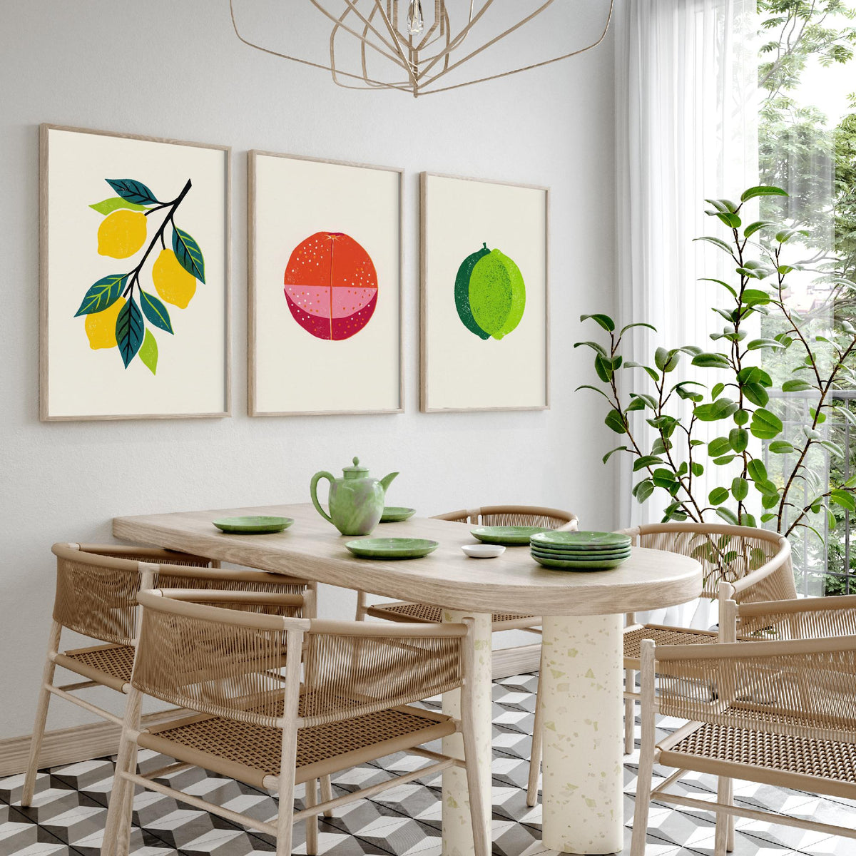 Clean Press Lemon Blood Orange Lime Set of Three Art Prints - Citrus Fruit Kitchen Wall Decor - Bold Woodcut Style Poster V1