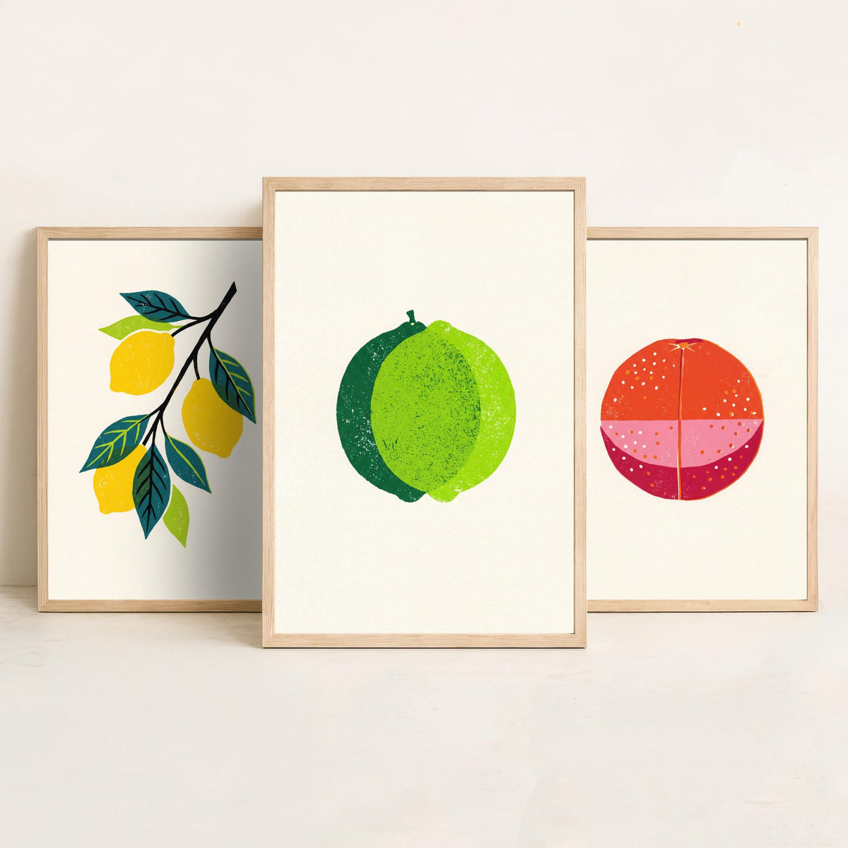 Clean Press Lemon Blood Orange Lime Set of Three Art Prints - Citrus Fruit Kitchen Wall Decor - Bold Woodcut Style Poster V1