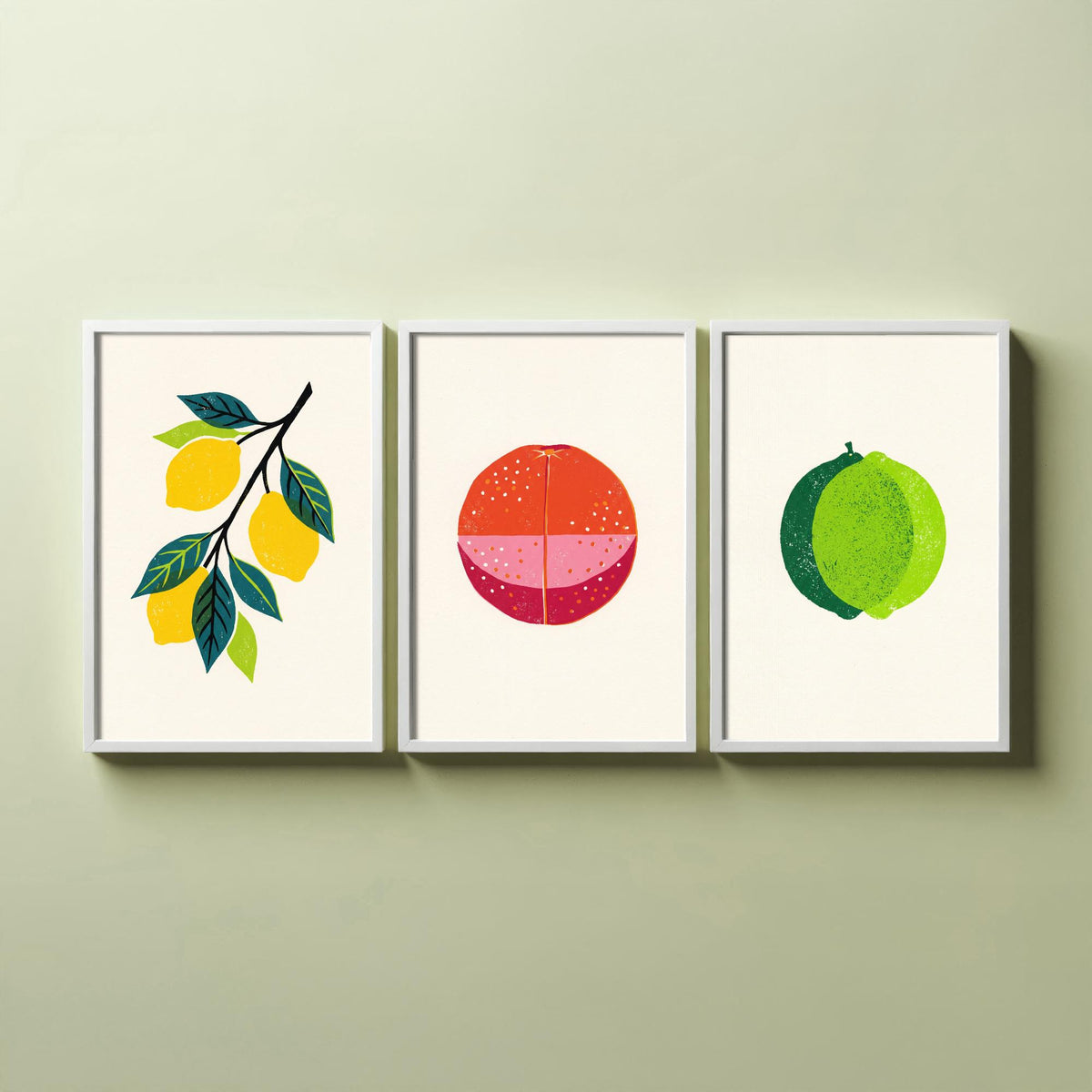 Clean Press Lemon Blood Orange Lime Set of Three Art Prints - Citrus Fruit Kitchen Wall Decor - Bold Woodcut Style Poster V1