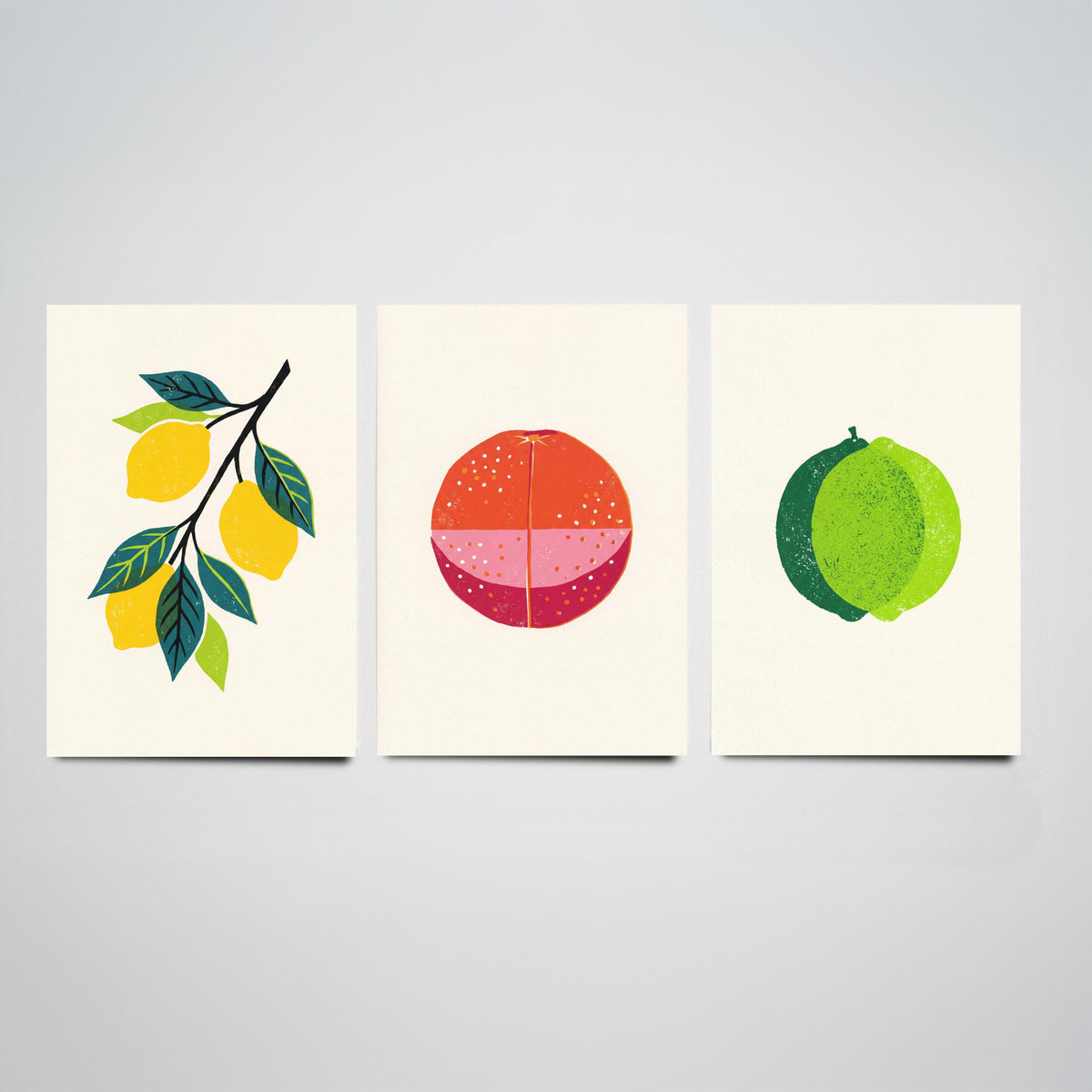 Clean Press Lemon Blood Orange Lime Set of Three Art Prints - Citrus Fruit Kitchen Wall Decor - Bold Woodcut Style Poster V1