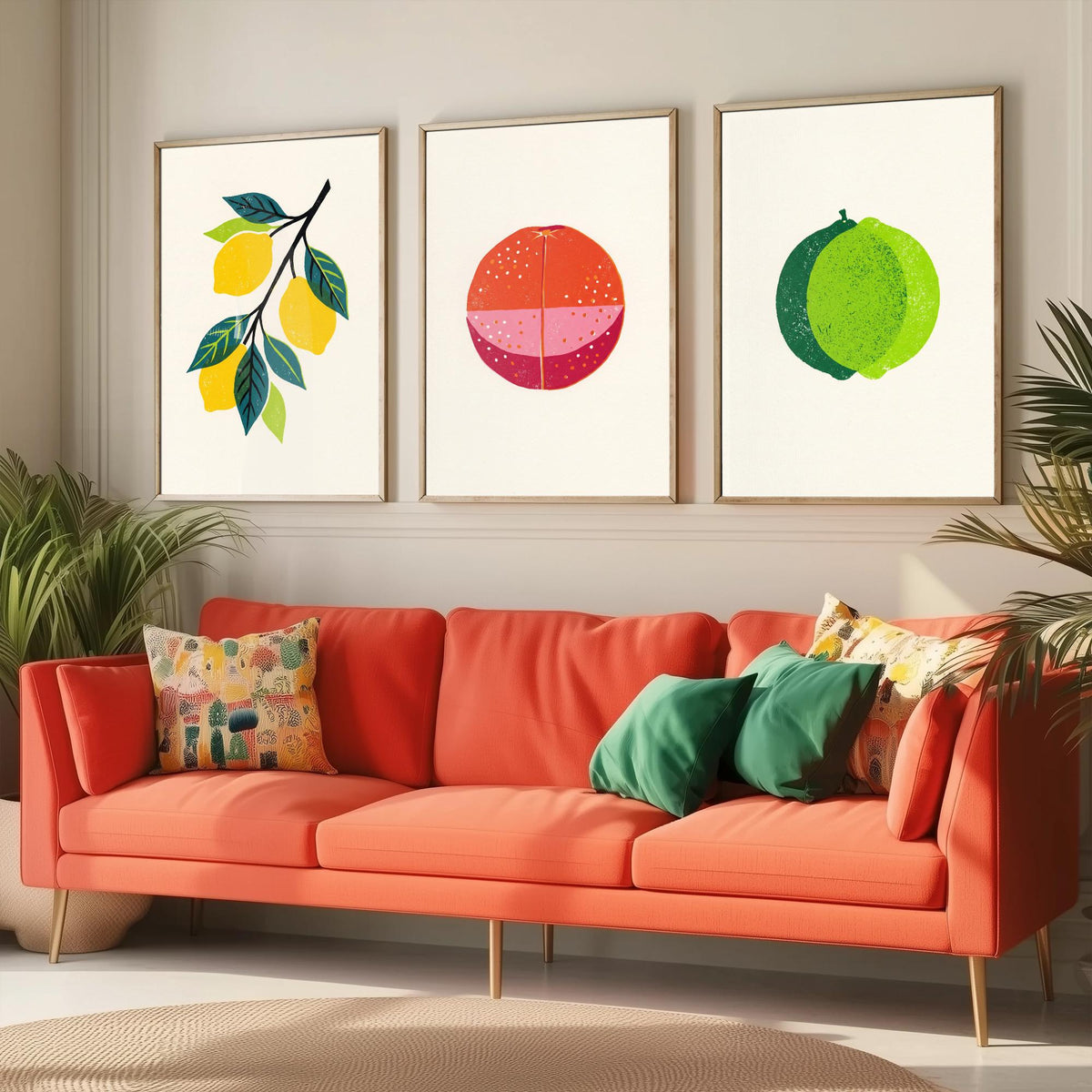 Clean Press Lemon Blood Orange Lime Set of Three Art Prints - Citrus Fruit Kitchen Wall Decor - Bold Woodcut Style Poster V1