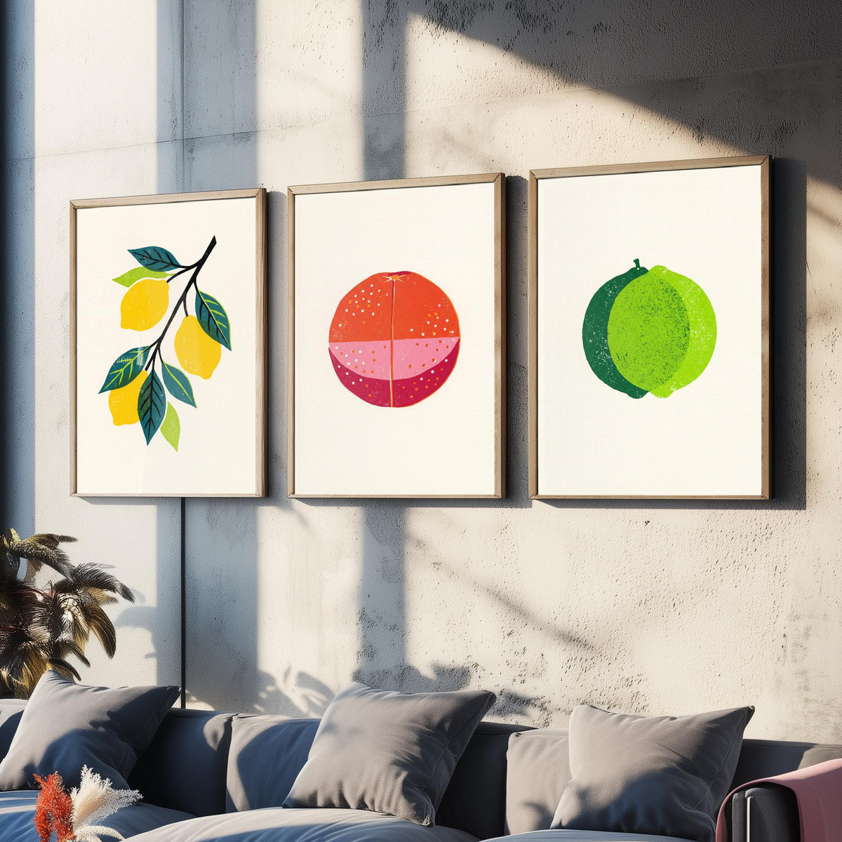 Clean Press Lemon Blood Orange Lime Set of Three Art Prints - Citrus Fruit Kitchen Wall Decor - Bold Woodcut Style Poster V1