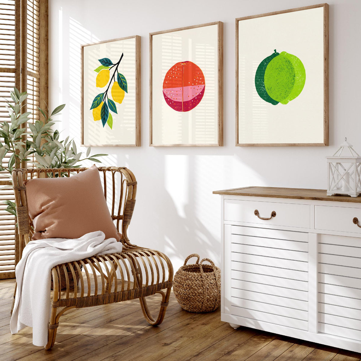 Clean Press Lemon Blood Orange Lime Set of Three Art Prints - Citrus Fruit Kitchen Wall Decor - Bold Woodcut Style Poster V1