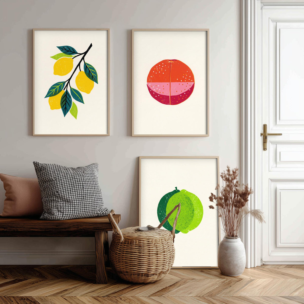 Clean Press Lemon Blood Orange Lime Set of Three Art Prints - Citrus Fruit Kitchen Wall Decor - Bold Woodcut Style Poster V1