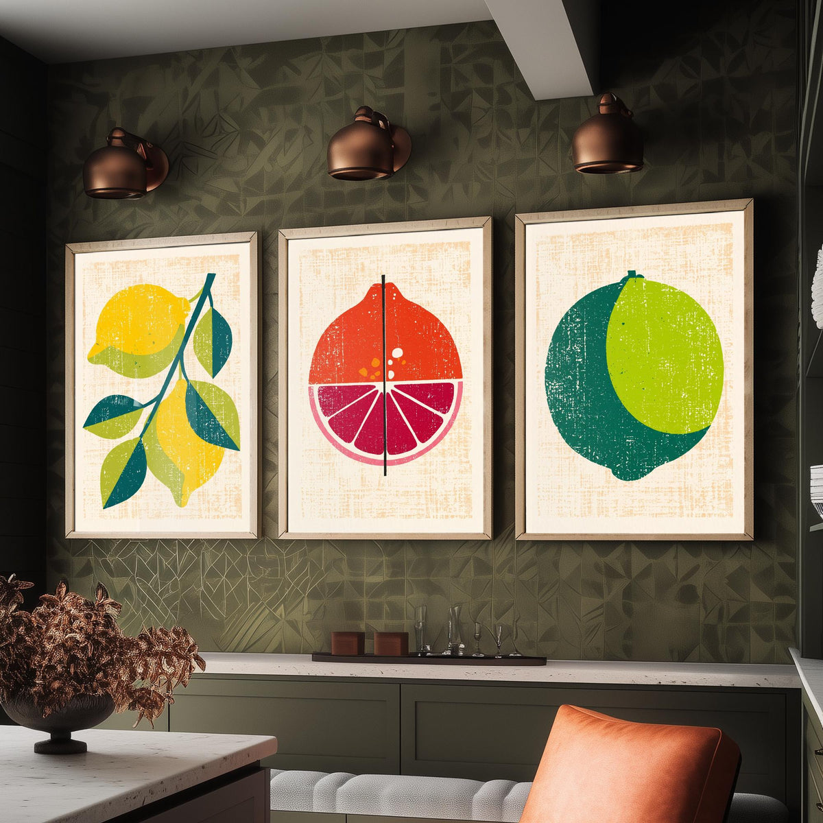 Lemon Lime and Blood Orange Set of Three Art Prints - Rustic Citrus Fruit Kitchen Wall Art - Linocut Style Illustration Poster V1