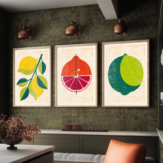 Lemon Lime and Blood Orange Set of Three Art Prints - Rustic Citrus Fruit Kitchen Wall Art - Linocut Style Illustration Poster V1
