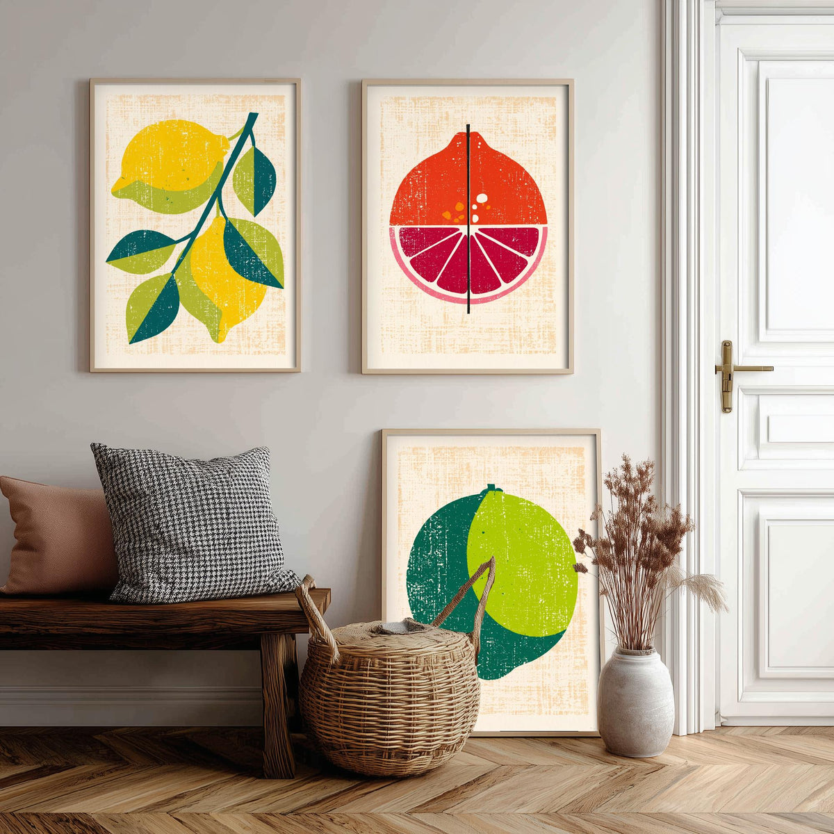 Lemon Lime and Blood Orange Set of Three Art Prints - Rustic Citrus Fruit Kitchen Wall Art - Linocut Style Illustration Poster V1