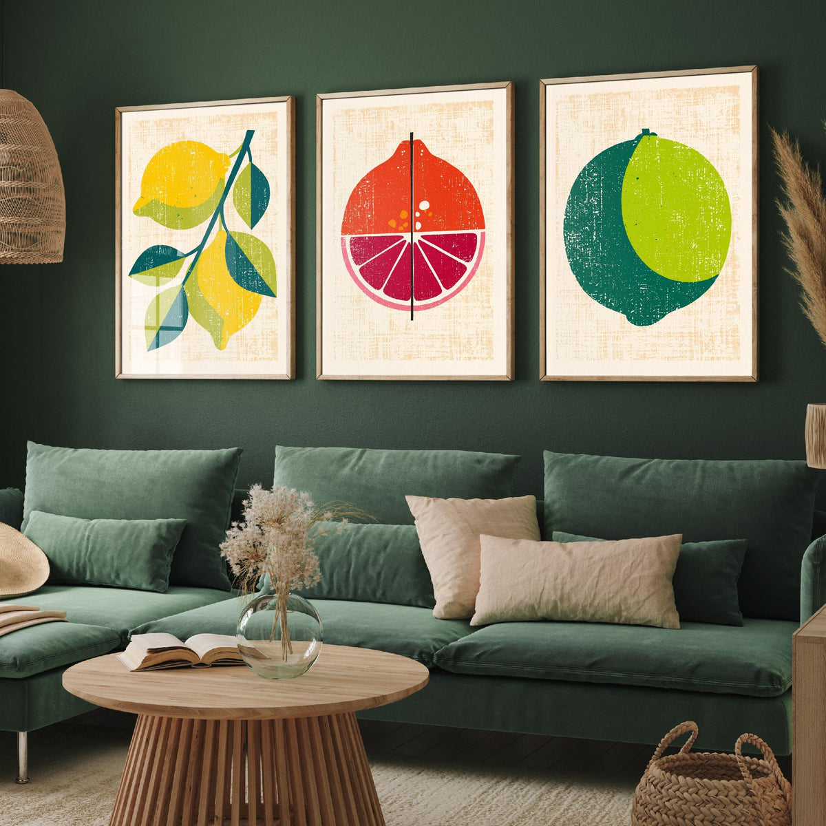 Lemon Lime and Blood Orange Set of Three Art Prints - Rustic Citrus Fruit Kitchen Wall Art - Linocut Style Illustration Poster V1