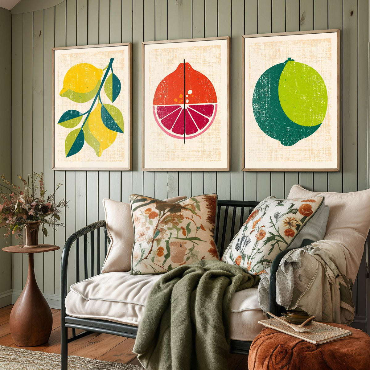 Lemon Lime and Blood Orange Set of Three Art Prints - Rustic Citrus Fruit Kitchen Wall Art - Linocut Style Illustration Poster V1