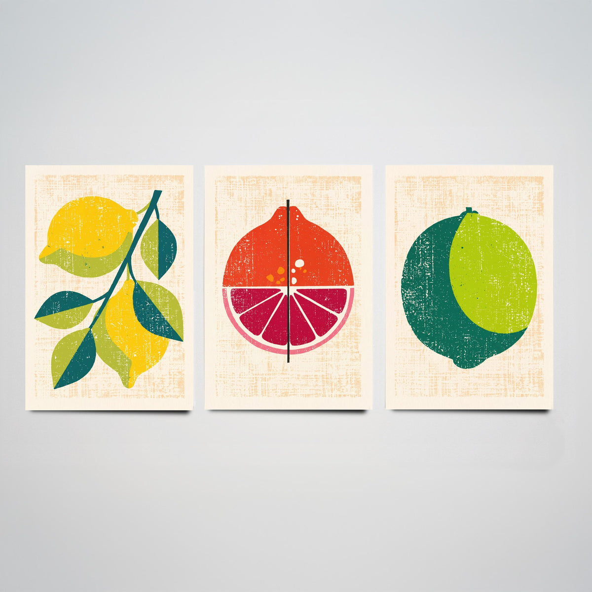 Lemon Lime and Blood Orange Set of Three Art Prints - Rustic Citrus Fruit Kitchen Wall Art - Linocut Style Illustration Poster V1