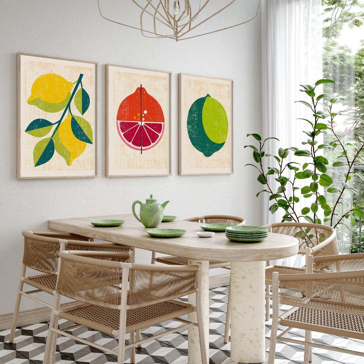 Lemon Lime and Blood Orange Set of Three Art Prints - Rustic Citrus Fruit Kitchen Wall Art - Linocut Style Illustration Poster V1