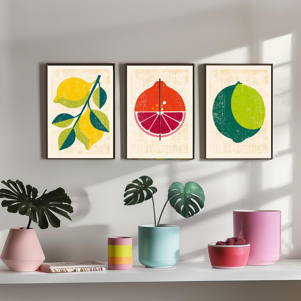 Lemon Lime and Blood Orange Set of Three Art Prints - Rustic Citrus Fruit Kitchen Wall Art - Linocut Style Illustration Poster V1