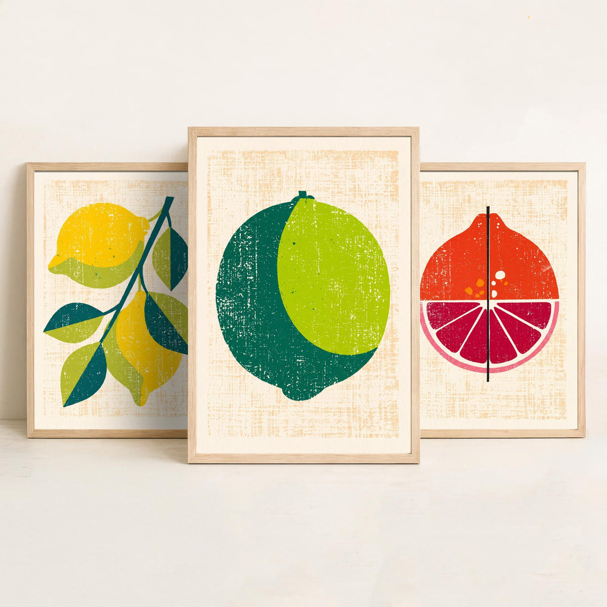 Lemon Lime and Blood Orange Set of Three Art Prints - Rustic Citrus Fruit Kitchen Wall Art - Linocut Style Illustration Poster V1
