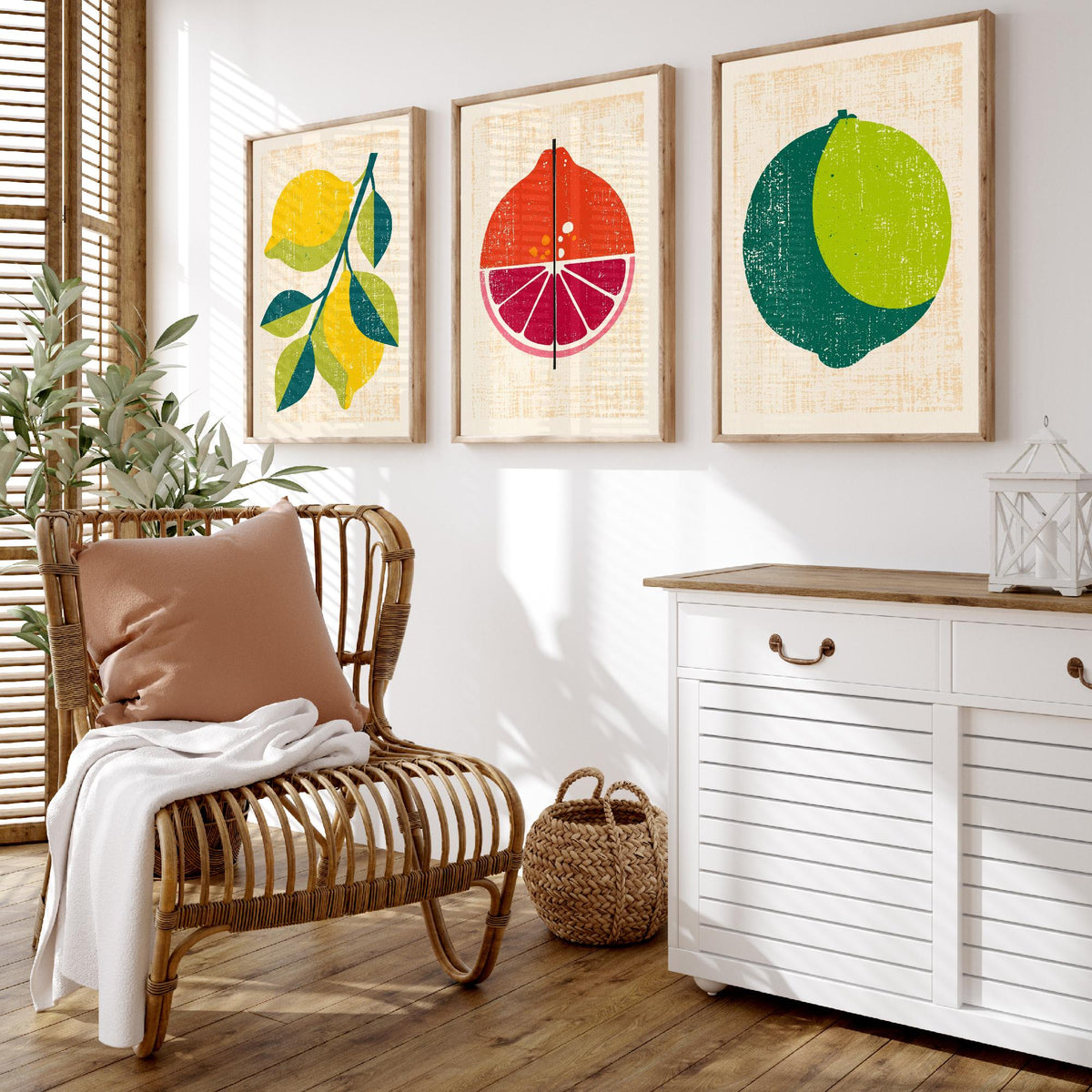 Lemon Lime and Blood Orange Set of Three Art Prints - Rustic Citrus Fruit Kitchen Wall Art - Linocut Style Illustration Poster V1