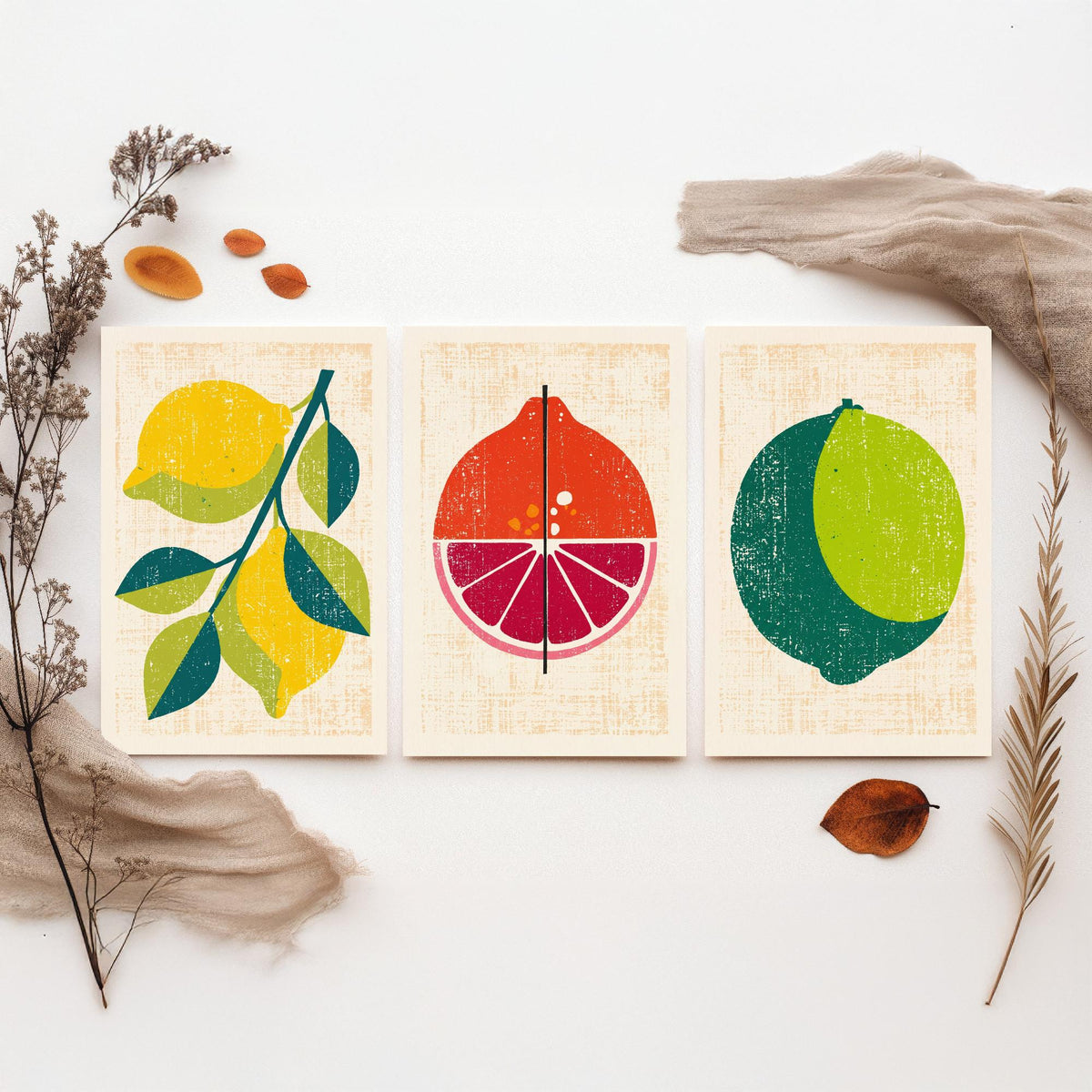 Lemon Lime and Blood Orange Set of Three Art Prints - Rustic Citrus Fruit Kitchen Wall Art - Linocut Style Illustration Poster V1