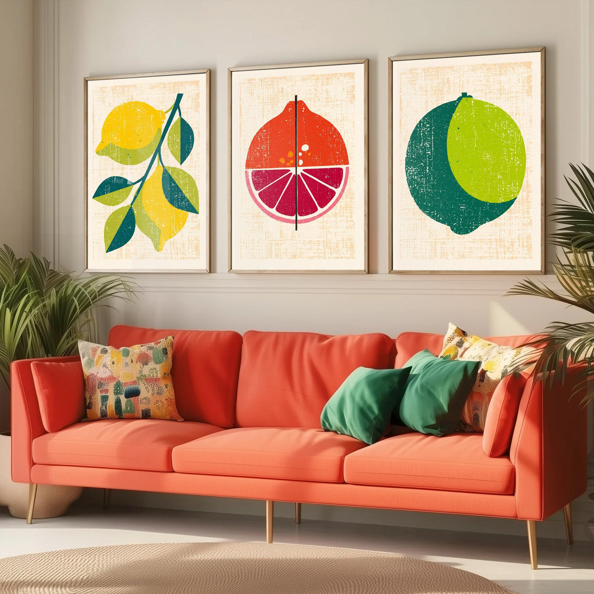 Lemon Lime and Blood Orange Set of Three Art Prints - Rustic Citrus Fruit Kitchen Wall Art - Linocut Style Illustration Poster V1