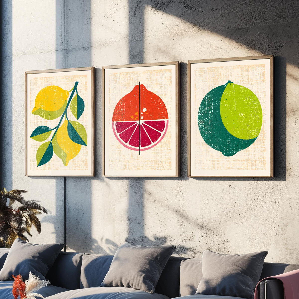 Lemon Lime and Blood Orange Set of Three Art Prints - Rustic Citrus Fruit Kitchen Wall Art - Linocut Style Illustration Poster V1