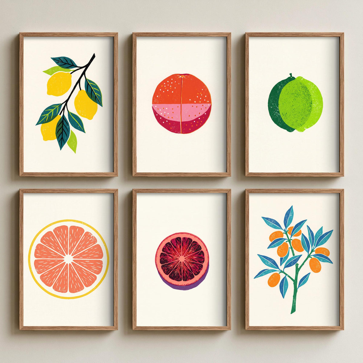 Set of Six Citrus Linocut Art Prints - Lemon, Blood Orange, Lime, Grapefruit, Blood Orange Slice, Kumquat - Woodcut Style Posters