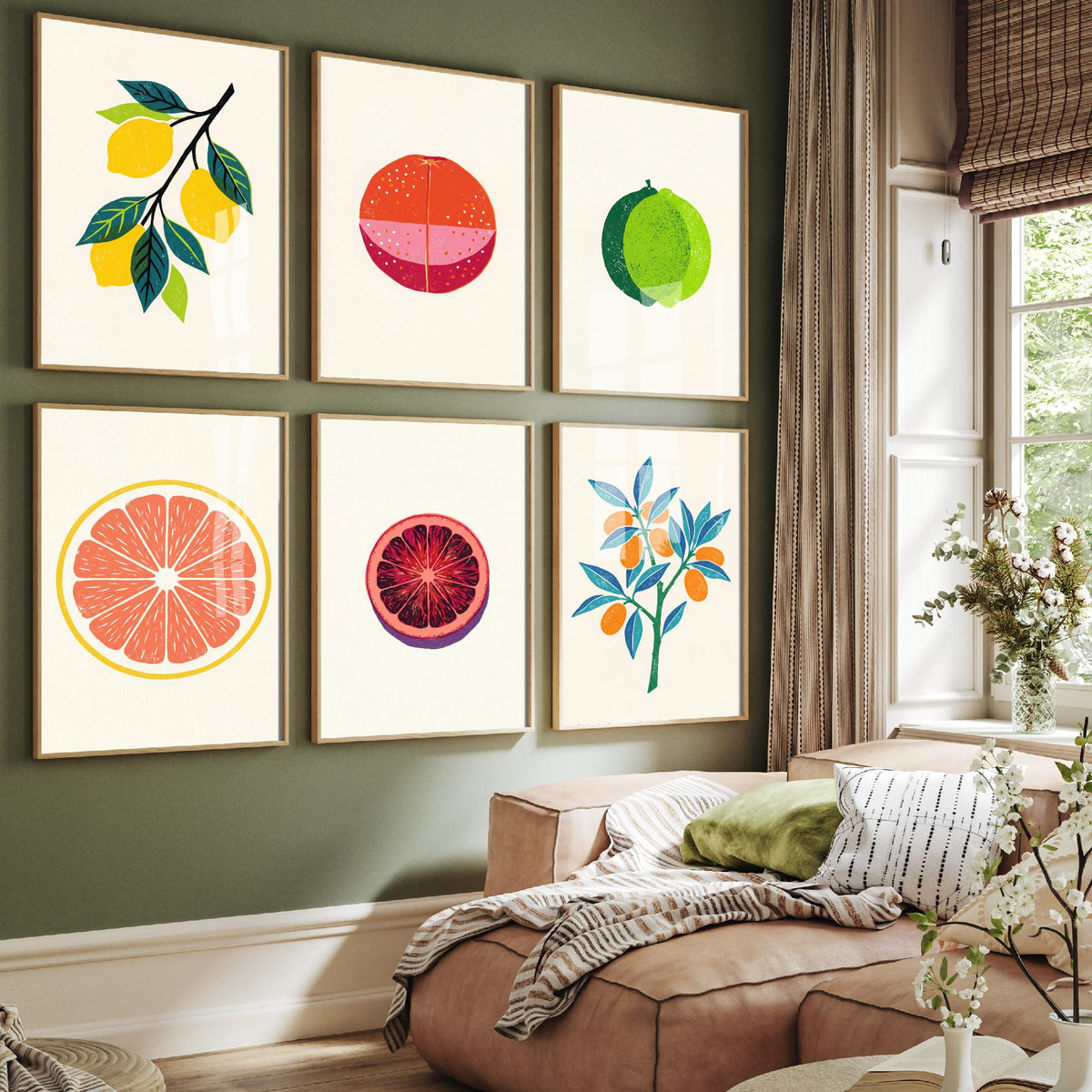 Set of Six Citrus Linocut Art Prints - Lemon, Blood Orange, Lime, Grapefruit, Blood Orange Slice, Kumquat - Woodcut Style Posters