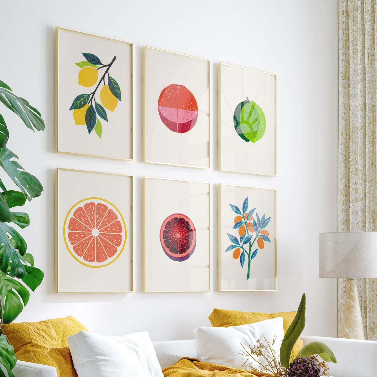Set of Six Citrus Linocut Art Prints - Lemon, Blood Orange, Lime, Grapefruit, Blood Orange Slice, Kumquat - Woodcut Style Posters