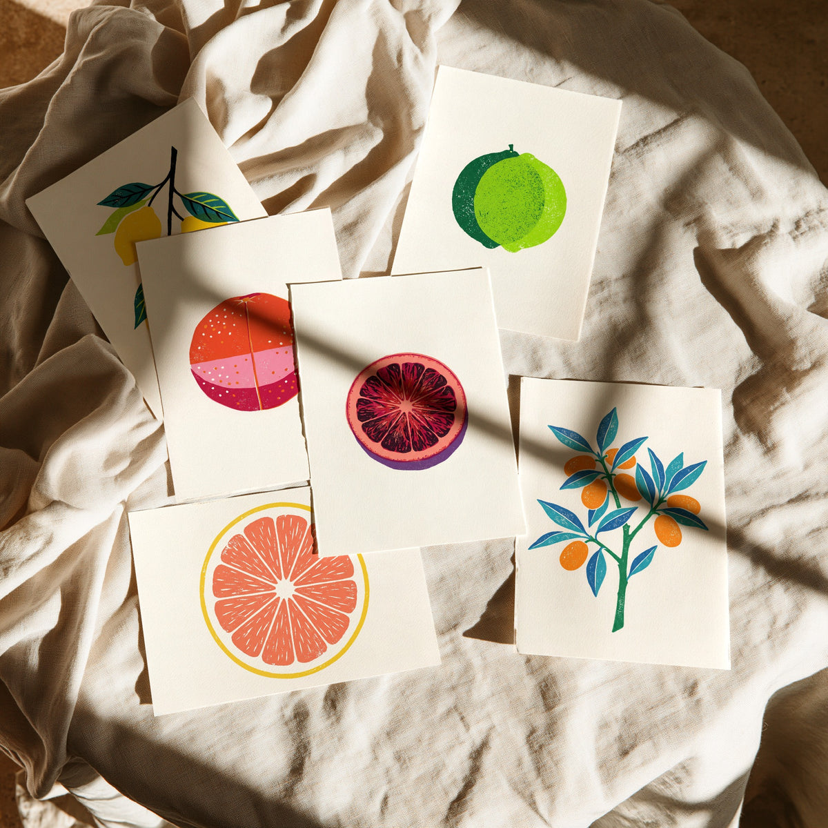 Set of Six Citrus Linocut Art Prints - Lemon, Blood Orange, Lime, Grapefruit, Blood Orange Slice, Kumquat - Woodcut Style Posters