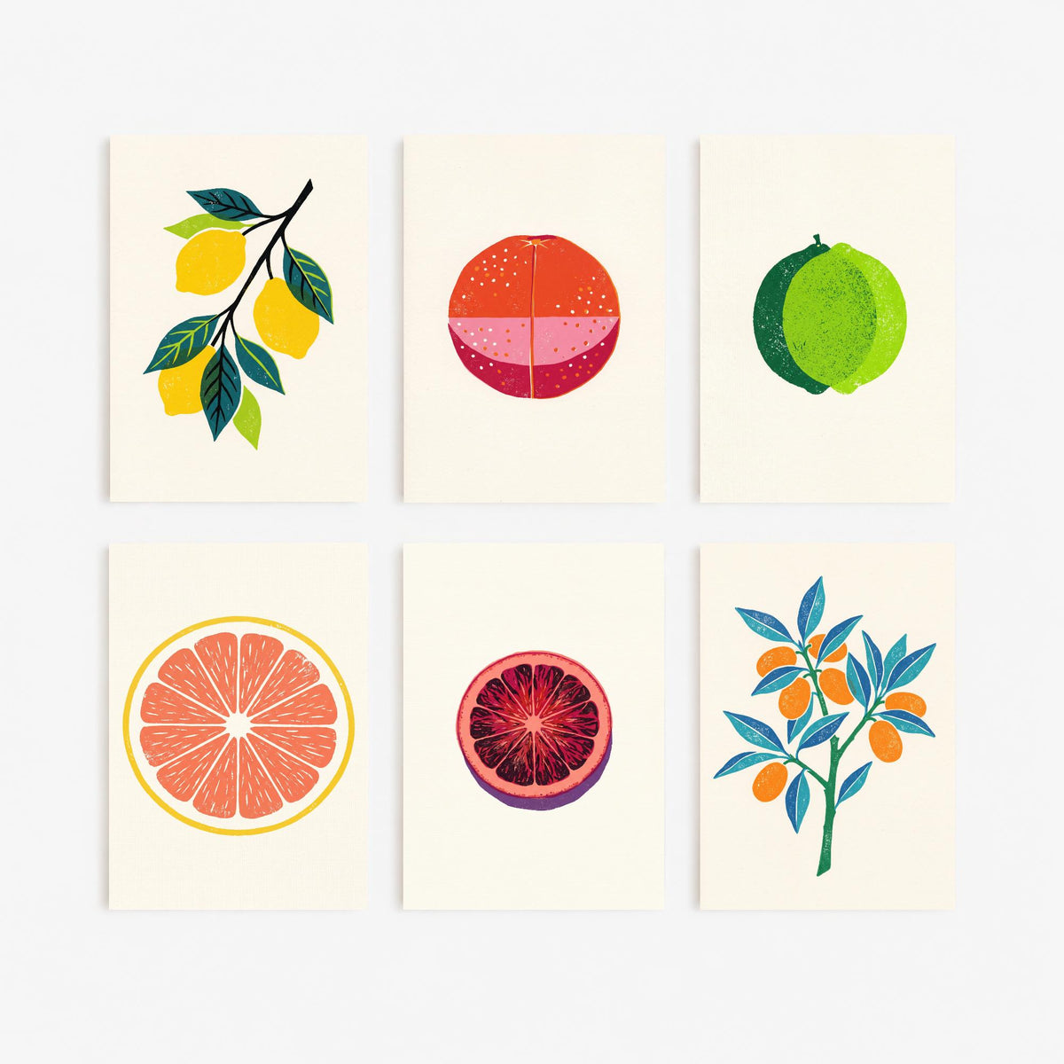 Set of Six Citrus Linocut Art Prints - Lemon, Blood Orange, Lime, Grapefruit, Blood Orange Slice, Kumquat - Woodcut Style Posters