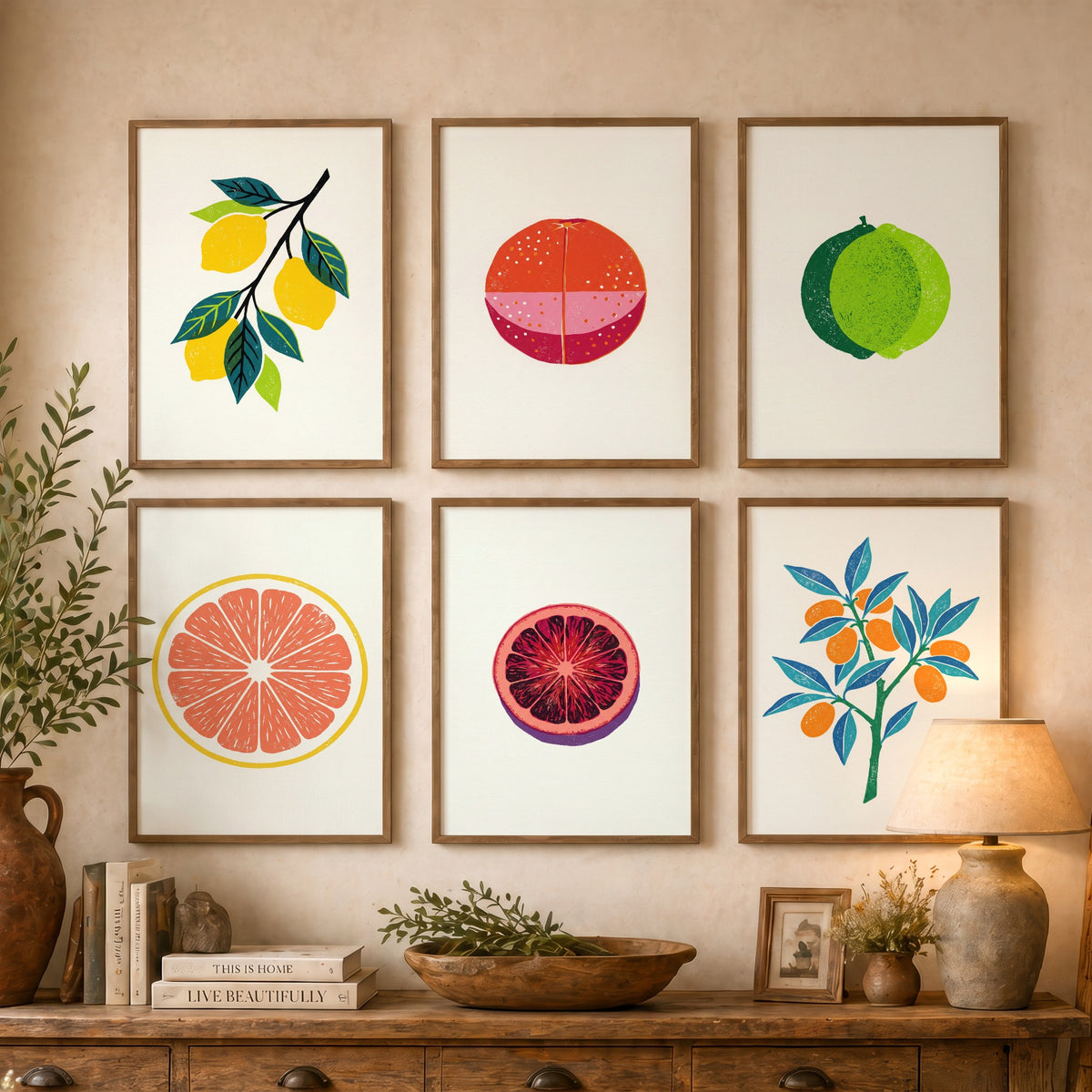 Set of Six Citrus Linocut Art Prints - Lemon, Blood Orange, Lime, Grapefruit, Blood Orange Slice, Kumquat - Woodcut Style Posters