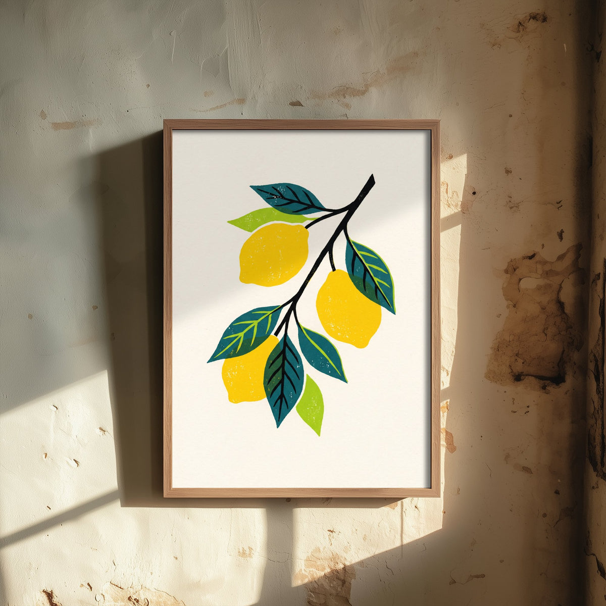 Lemon Branch Art Print - Citrus Fruit Kitchen Poster - Modern Block Print Style Woodcut