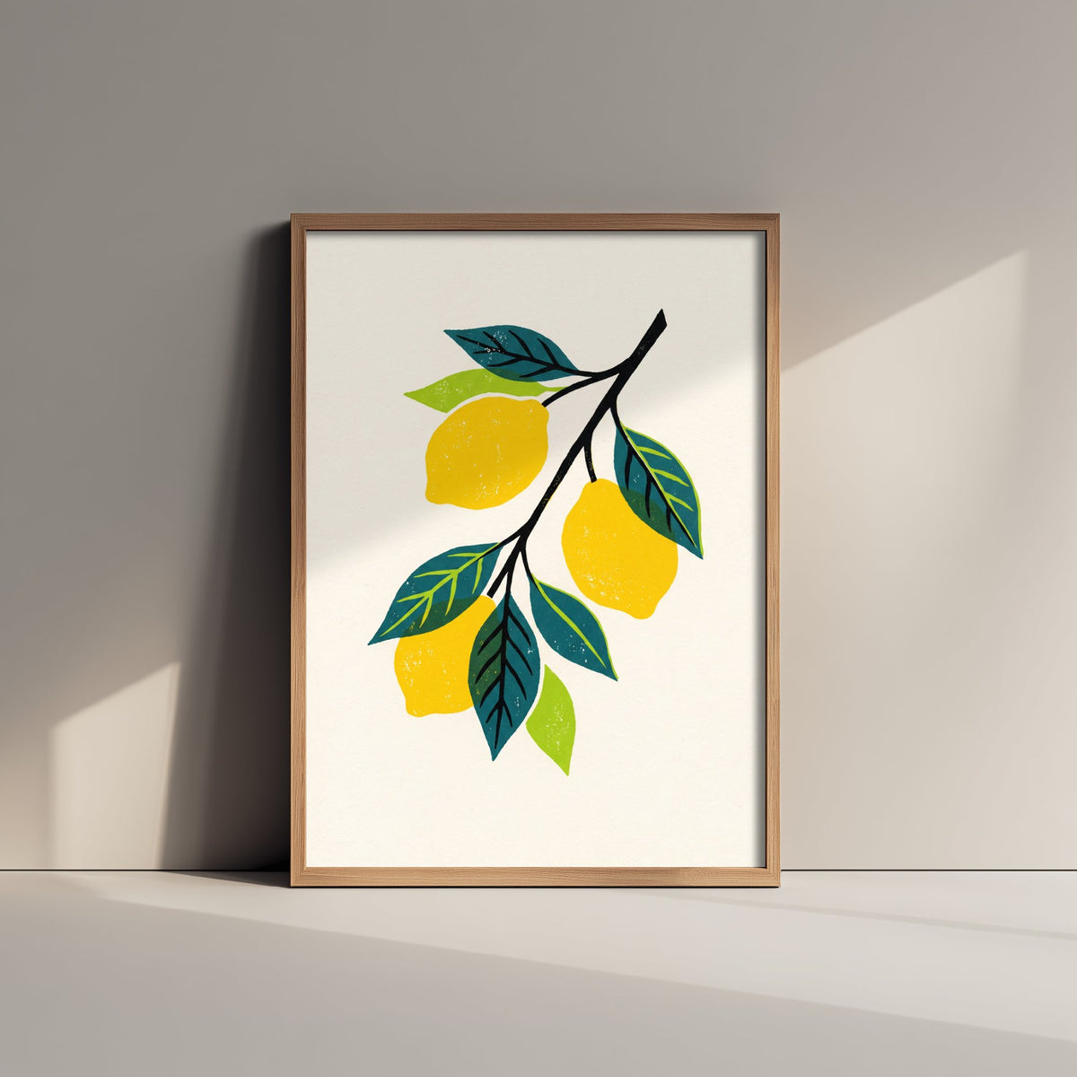Lemon Branch Art Print - Citrus Fruit Kitchen Poster - Modern Block Print Style Woodcut