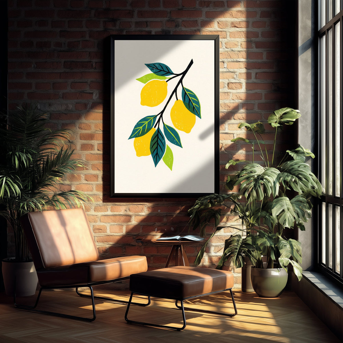Lemon Branch Art Print - Citrus Fruit Kitchen Poster - Modern Block Print Style Woodcut