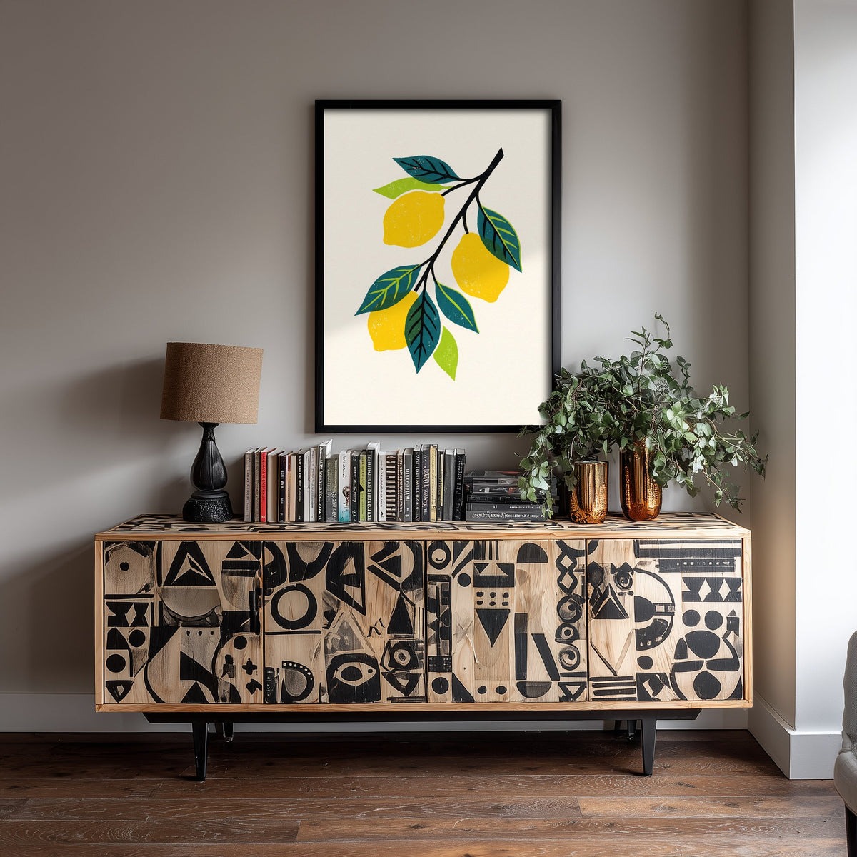 Lemon Branch Art Print - Citrus Fruit Kitchen Poster - Modern Block Print Style Woodcut