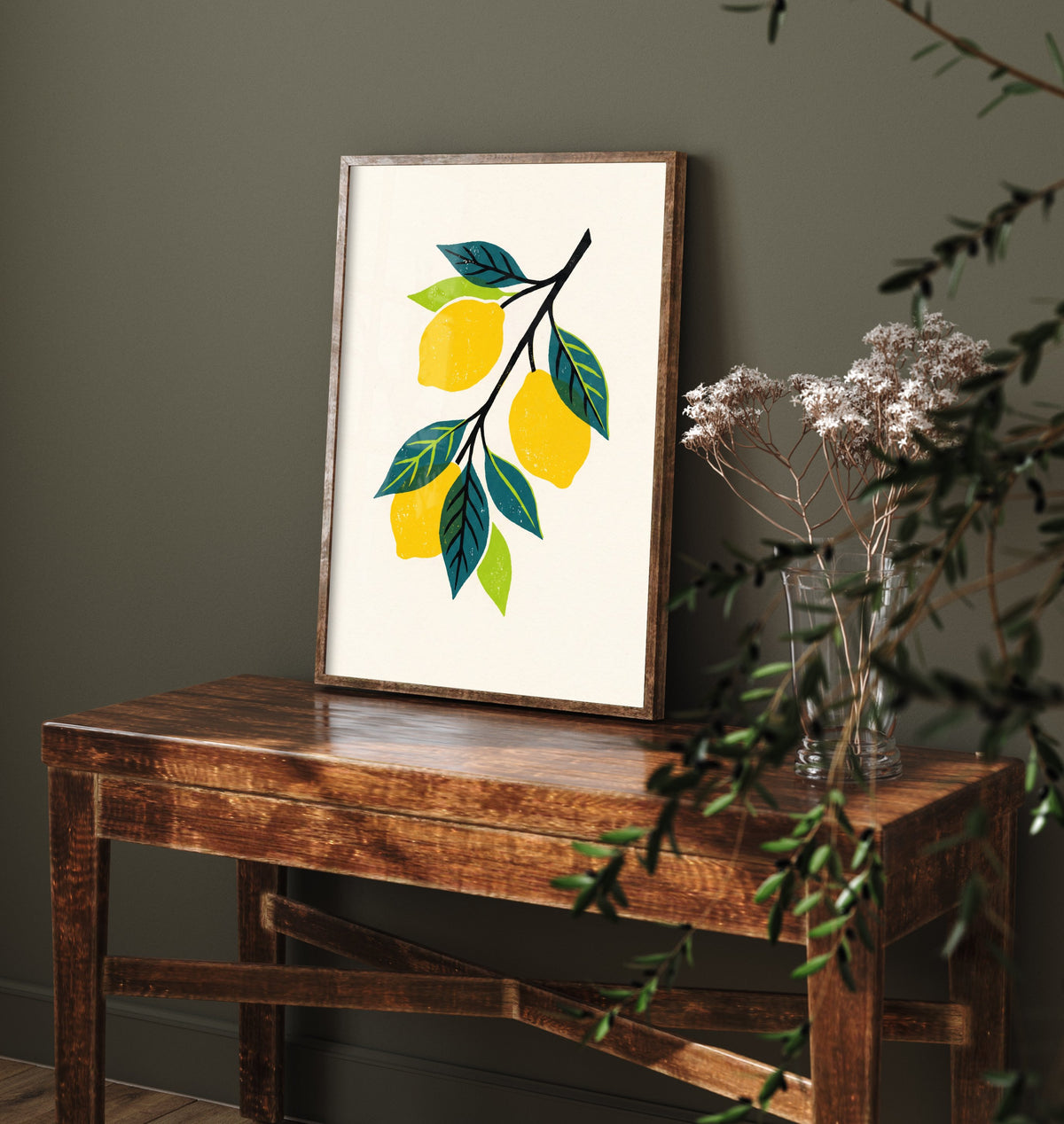 Lemon Branch Art Print - Citrus Fruit Kitchen Poster - Modern Block Print Style Woodcut