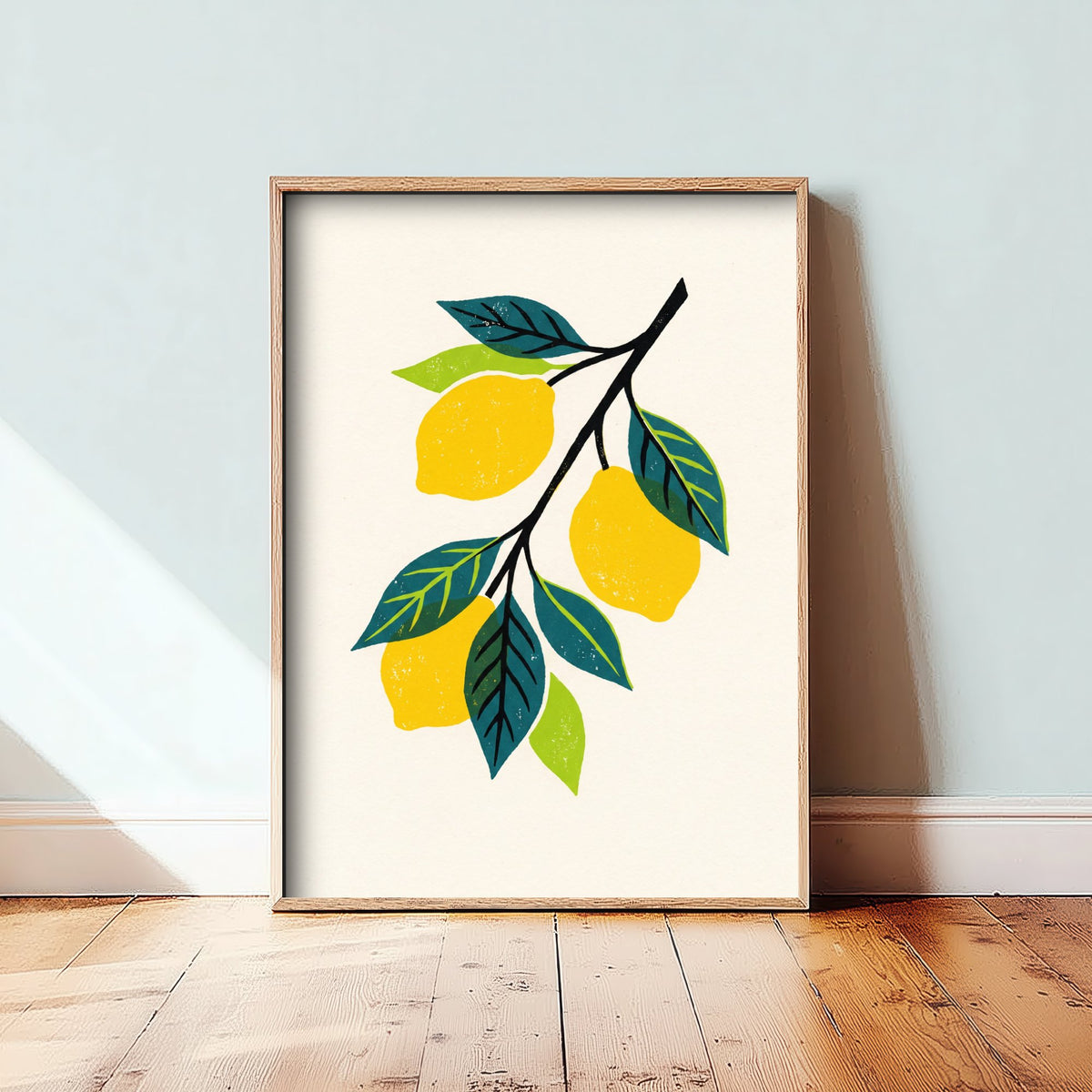Lemon Branch Art Print - Citrus Fruit Kitchen Poster - Modern Block Print Style Woodcut